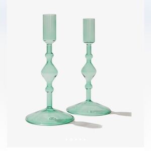 New in box! Poketo Set of 2 Hand Blown Aqua Green Glass Candlesticks
